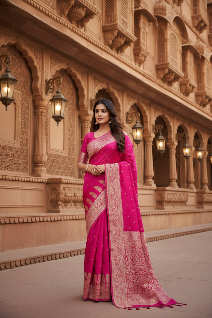 Pink saree with intricate patterns on a white background