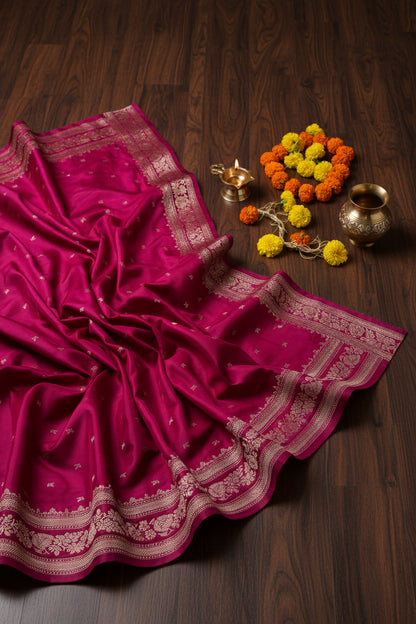 Pink fabric with gold patterns on a white background