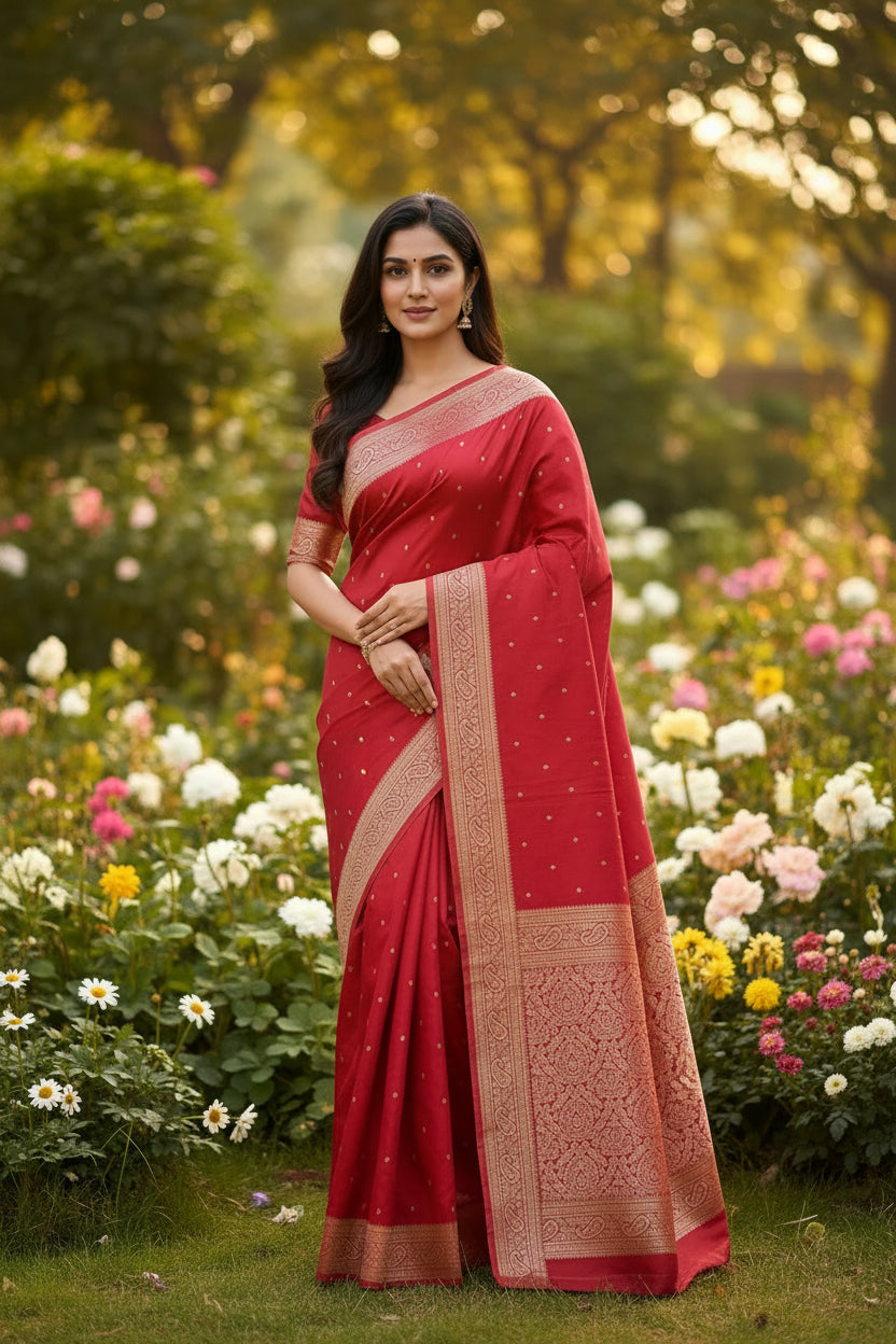 Red saree with gold embroidery on a white background