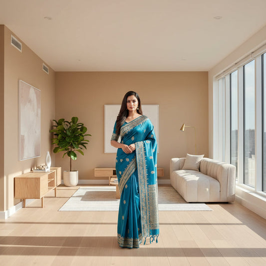 Woman wearing a blue saree with silver patterns on a beige background