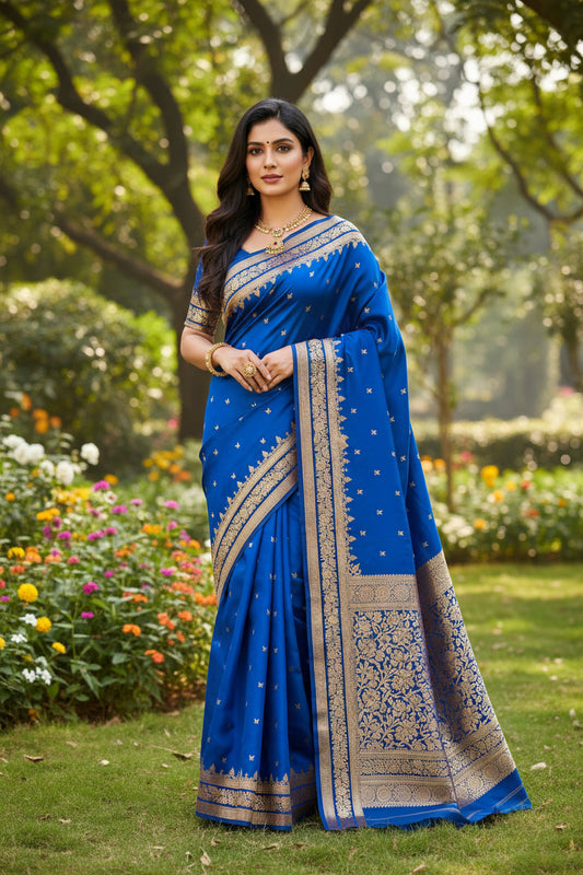 Blue fabric with gold embroidery on a white background