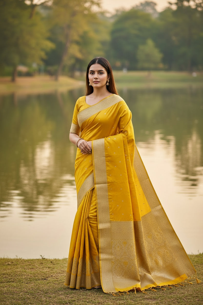 Yellow fabric with intricate gold patterns on a plain background
