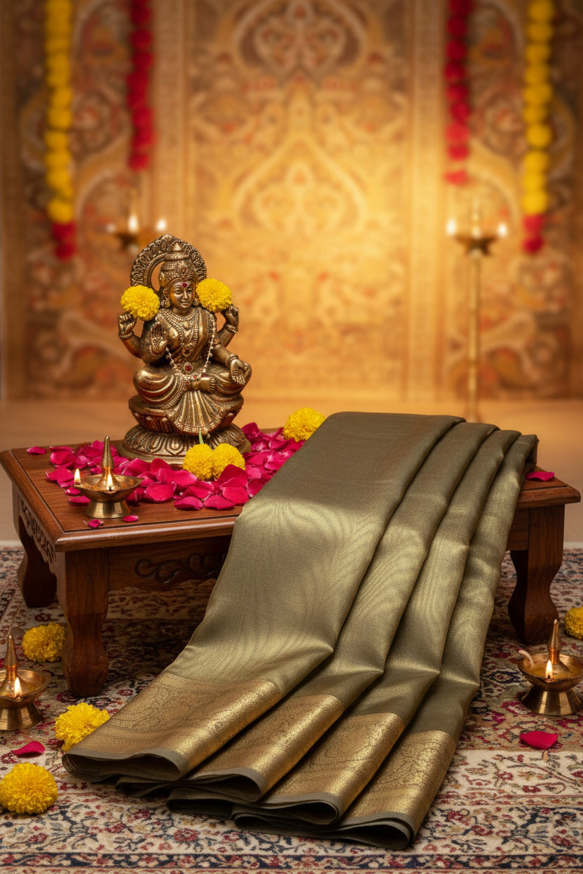 Brown saree with a decorative border on a white background