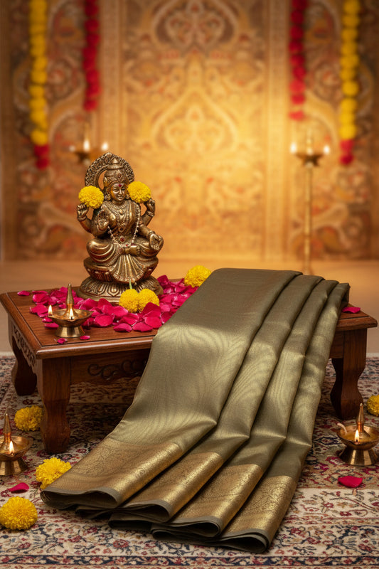Brown saree with a decorative border on a white background