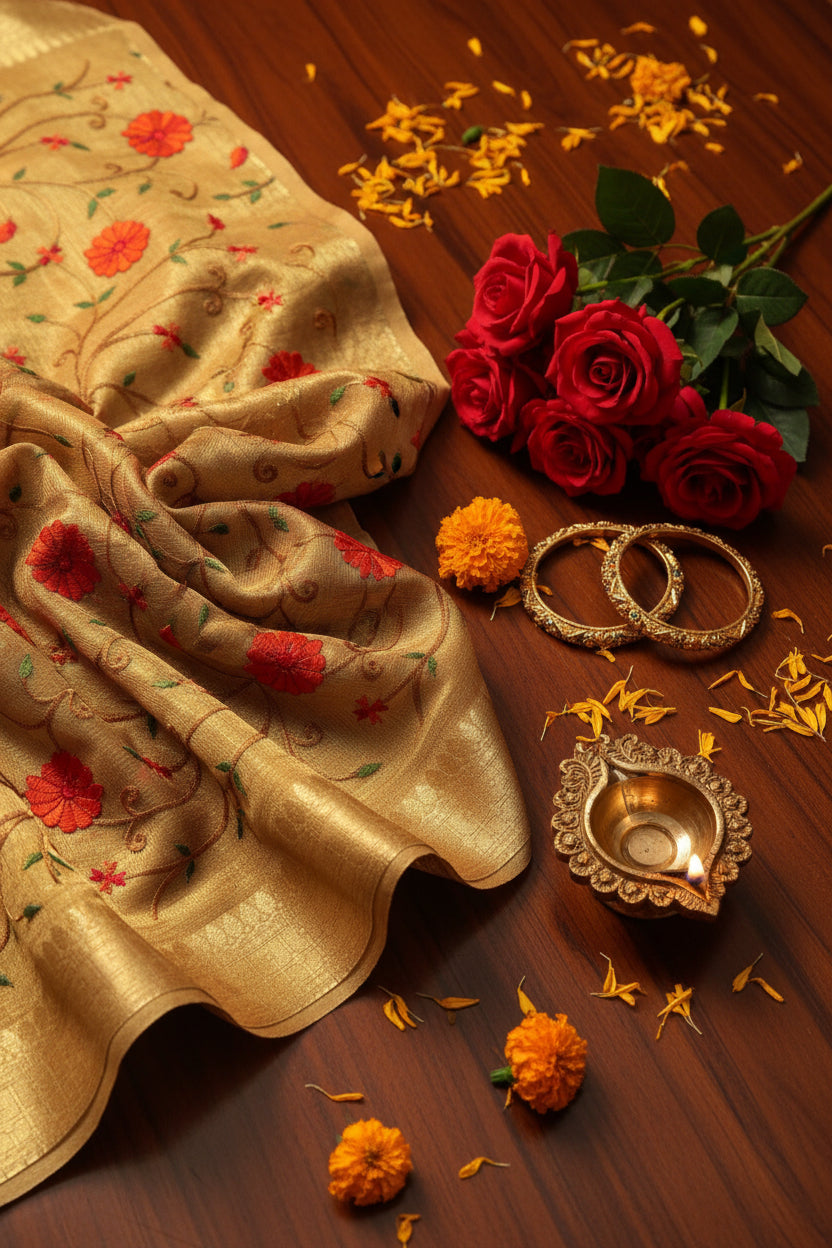Decorative fabric with red floral patterns on a gold background