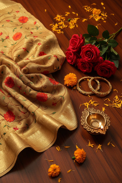 Decorative fabric with red floral patterns on a gold background