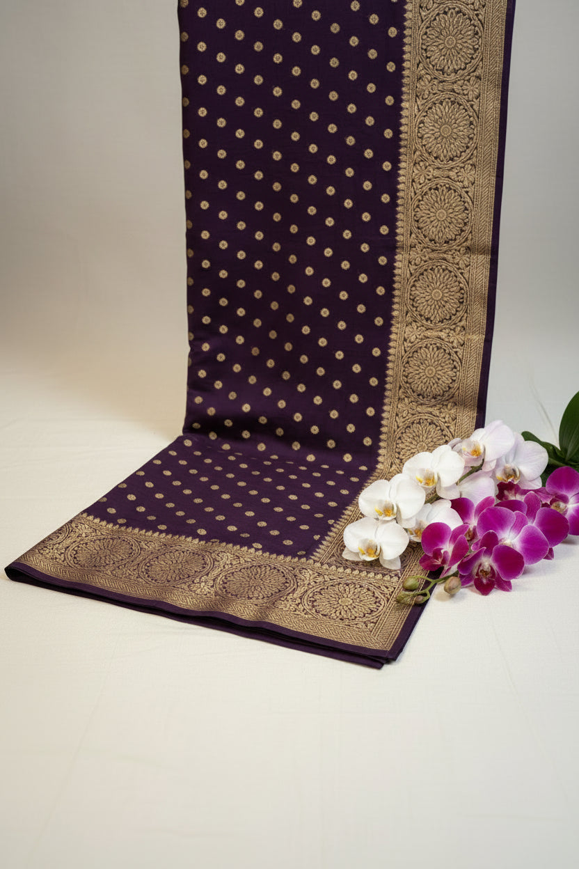 Purple fabric with gold patterns on a white background