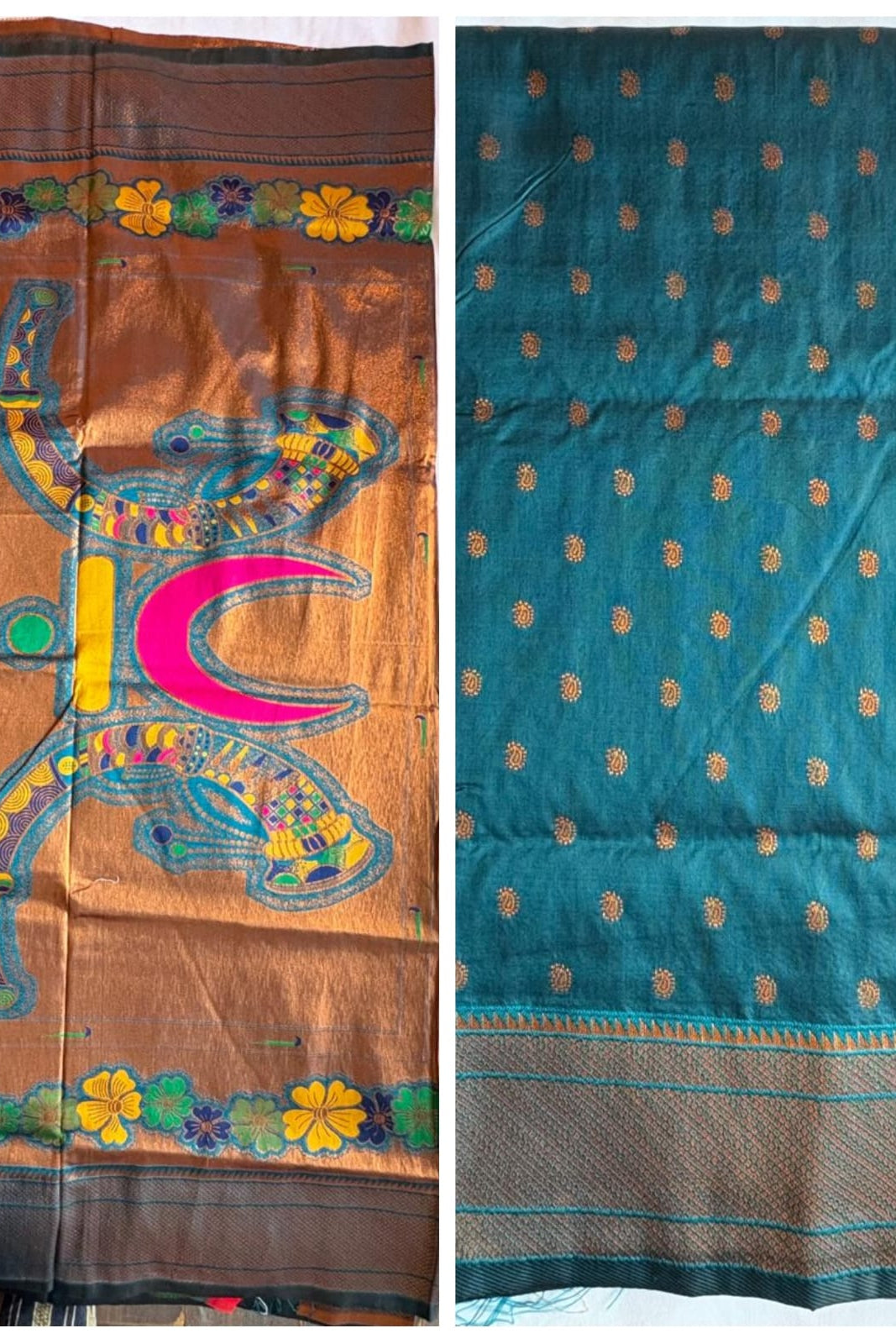 Two sarees, one with intricate floral and animal design on brown background, the other with blue and gold polka dot pattern.