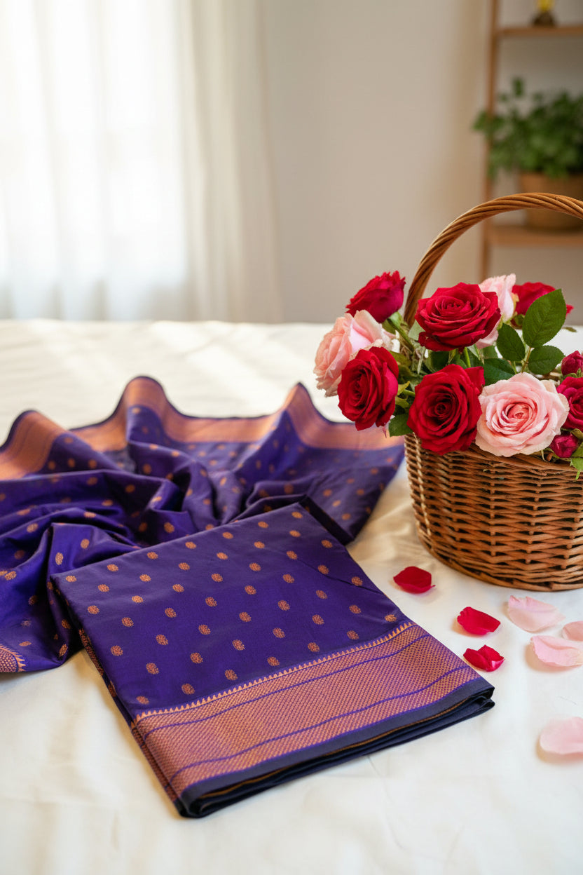 Purple fabric with gold dot pattern on a white background