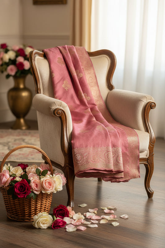 Pink fabric with gold floral patterns on a white background