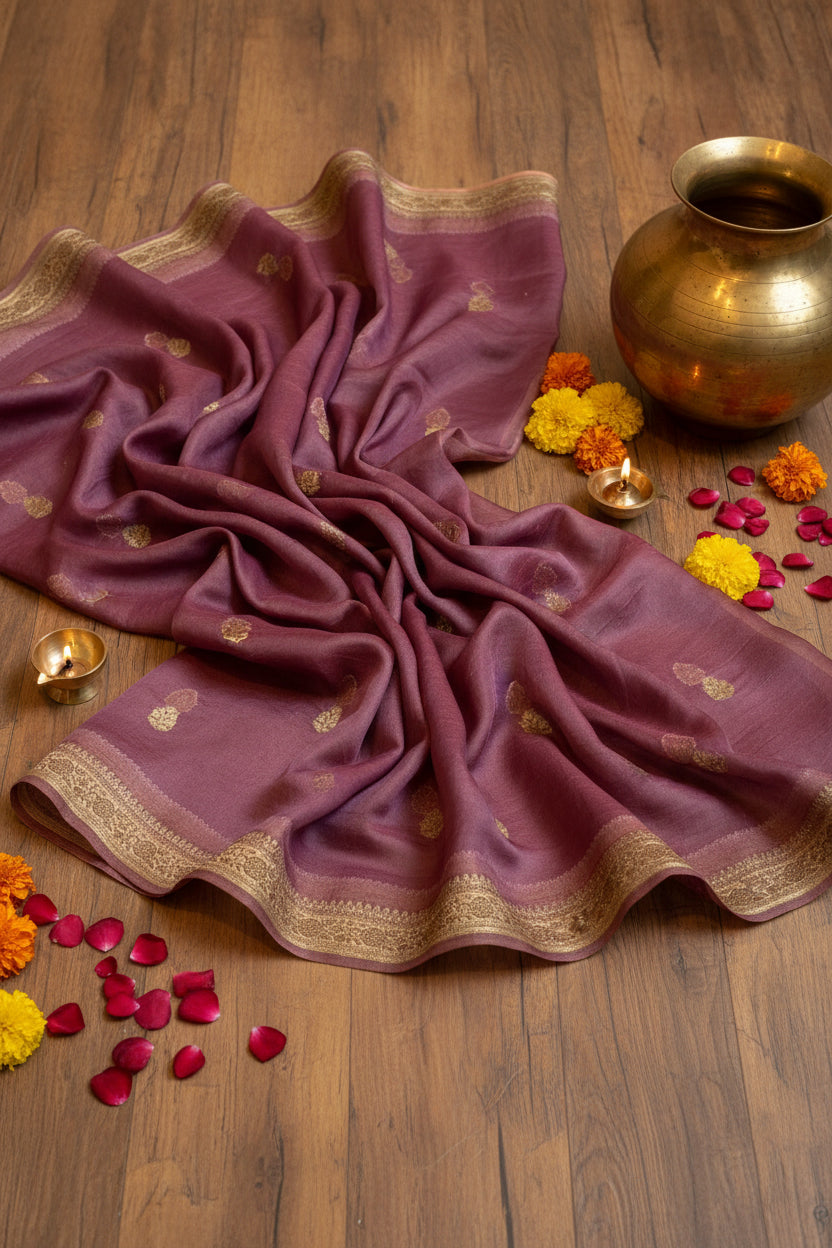 Banarasi lavendor color kora organza silk saree