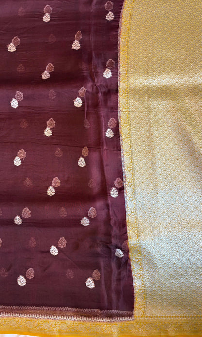 Banarasi dark maroon kora organza saree