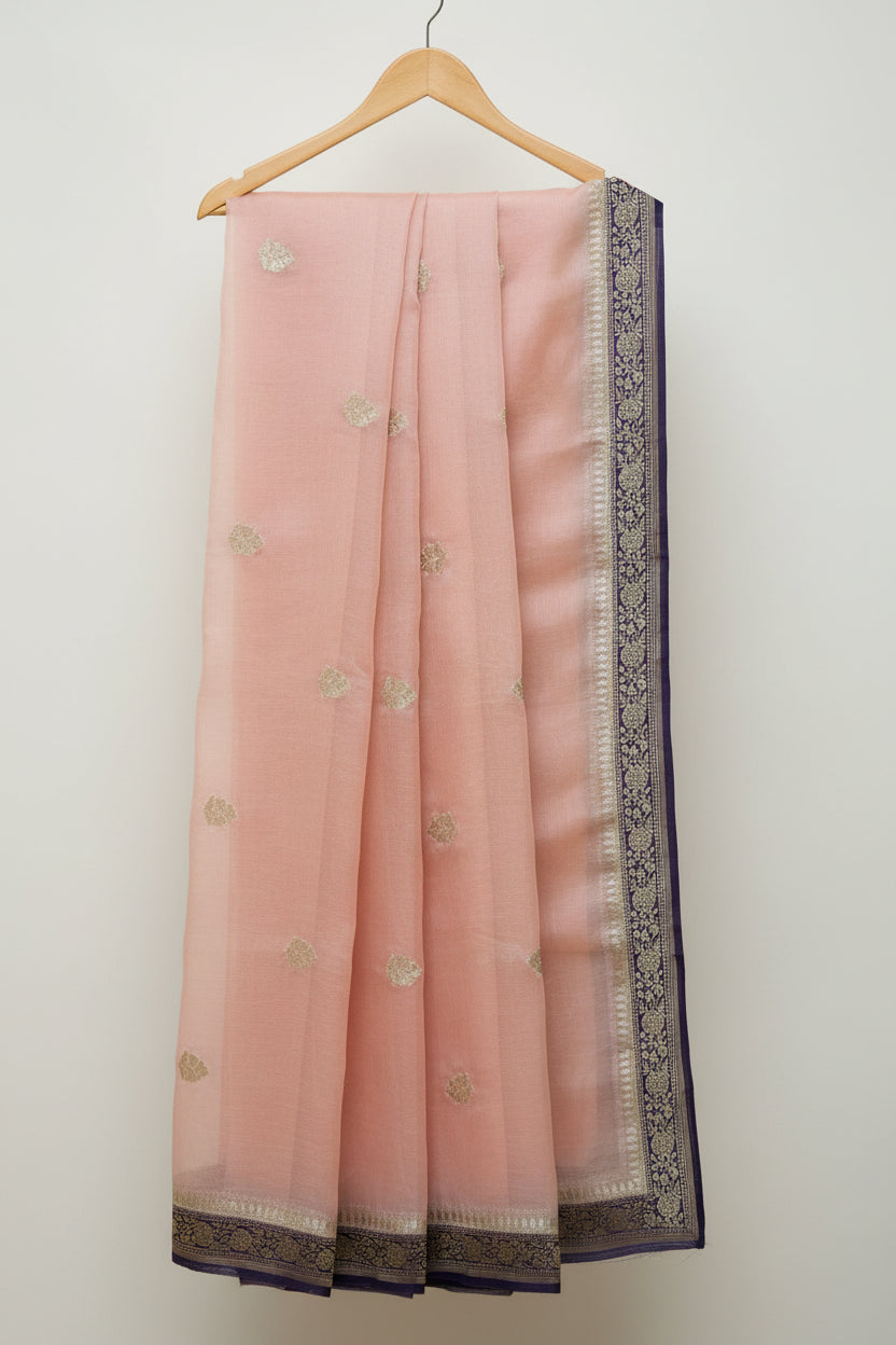 Banarasi pure kora organza peach si saree