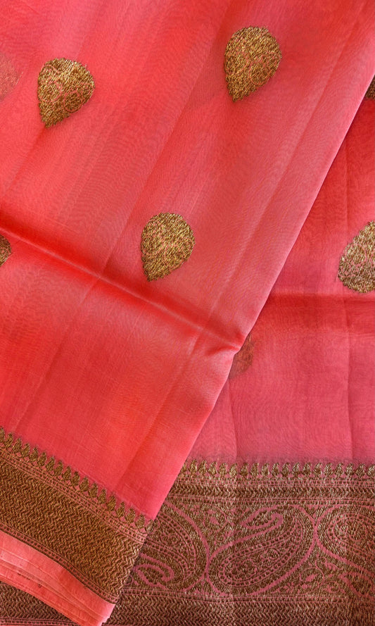 Banarasi pure kora organza pink silk saree