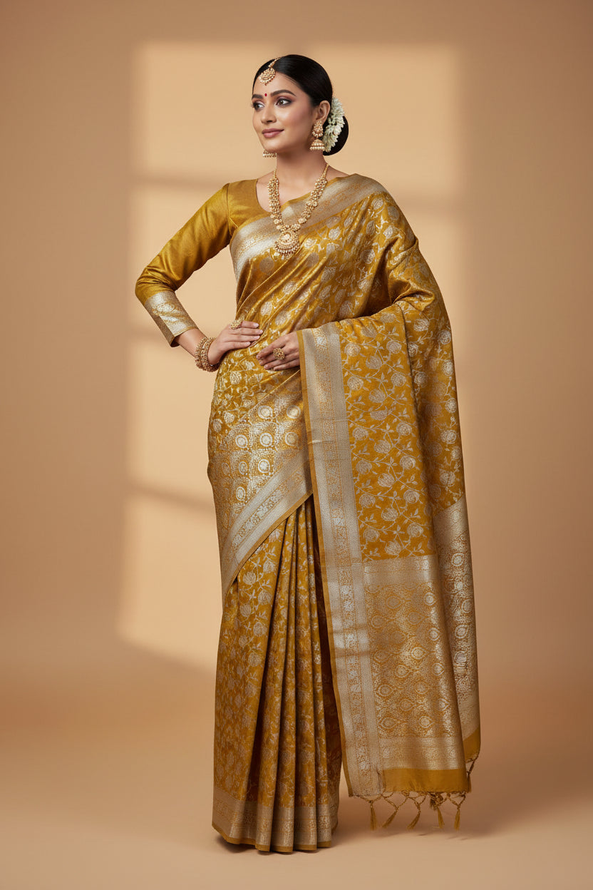 Banarsi yellow silk saree