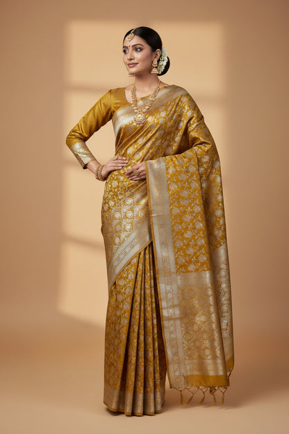 Banarsi yellow silk saree